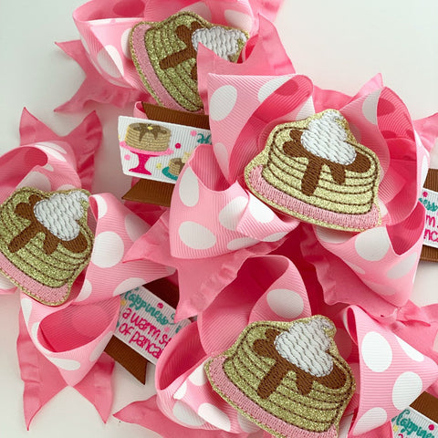 Pancake Hairbow -- Pancakes & Pajamas -- Pancake theme hair bow in pink, molasses tan and gold - Darling Little Bow Shop