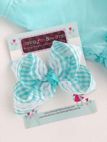 Aqua Gingham and Lace hairbow -- choose 4" or double stack bow - Darling Little Bow Shop