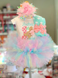 My First Easter Outfit - Baby Girl tutu outfit for easter -- Bunny bodysuit, leg warmers, tutu and bowin pastel aqua, pink, mint - Darling Little Bow Shop