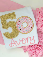 Donut Birthday Shirt or Bodysuit in pink and gold