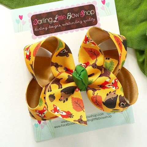 Fox Bow, Woodland Animals hairbow orange, green and gold - Darling Little Bow Shop