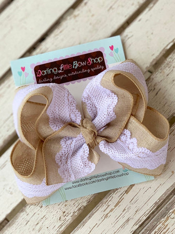 Burlap and Lace Bow -- Burlap and Lace 6" hairbow - Darling Little Bow Shop