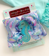 Seahorse bow, Mermaid hairbow, seashell hairbow, purple and aqua Seahorse theme hair bow made with lilly Pulitzer ribbon