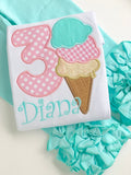 Ice Cream Birthday Shirt or Bodysuit for Girls, ANY AGE 3 scoops Ice Cream Cone birthday shirt in pastel pink and ice mint for any age - Darling Little Bow Shop