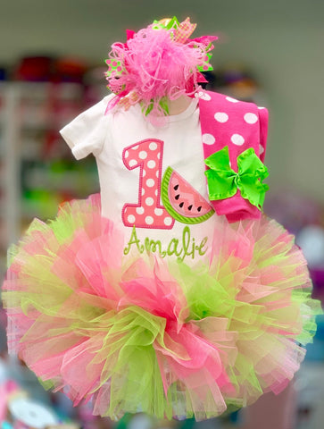 Watermelon Tutu Outfit, Watermelon Birthday Outfit - Summertime Sweet - bodysuit, leg warmers, tutu, bow in pink & lime - Darling Little Bow Shop