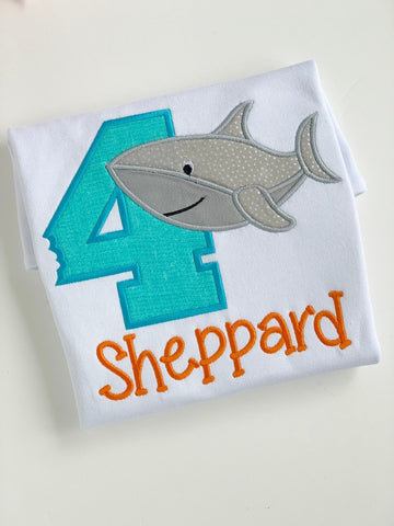 Boys Shark Birthday Shirt or bodysuit ANY AGE - shark theme shirt in aqua and orange - Darling Little Bow Shop