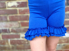 Royal Blue Ruffle Shorties, Heather Royal Blue Ruffle Shorts
