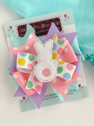 Easter Bunny Bow -- gray and white Easter Bow -- Sister Rabbit -- double stack ruffle bow with bunny center - Darling Little Bow Shop