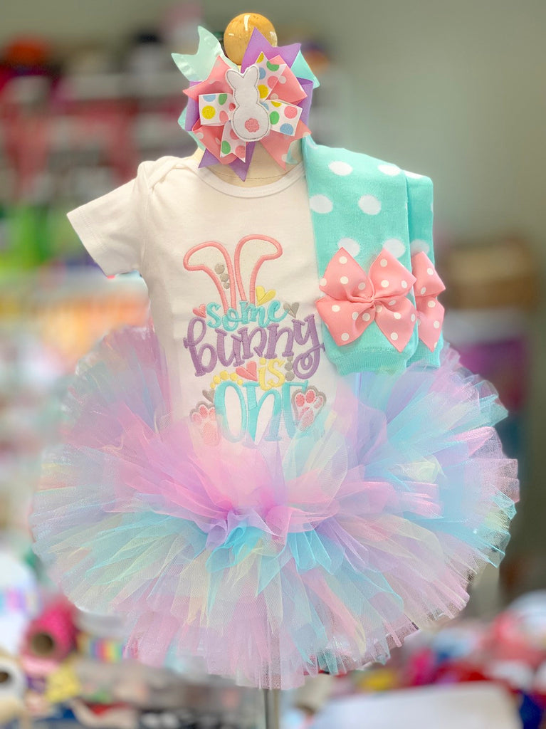 First Birthday Tutu Outfit, Some Bunny Is One Birthday Outfit with bodysuit, leg warmers, tutu, bow in aqua, pink, mint, lavender