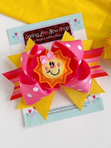 Sunshine Bow - You Are My Sunshine - Hot pink, yellow and orange hairbow with adorable, sun center by Darling Little Bow Shop - Darling Little Bow Shop