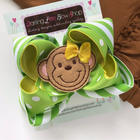 Monkey Bow -- 5" monkey hairbow in green and yellow - Darling Little Bow Shop