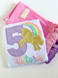 Unicorn Birthday Shirt or Bodysuit - A Magical Birthday, pastel rainbow golden unicorn shirt with lavender number - Darling Little Bow Shop