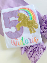 Unicorn Birthday Shirt or Bodysuit - A Magical Birthday, pastel rainbow golden unicorn shirt with lavender number