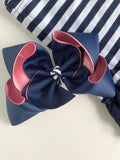 Pink and Navy bow, pink and navy hairbow, choose 4-5" or 6" bow - Darling Little Bow Shop