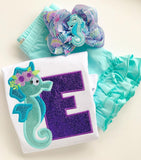Seahorse bow, Mermaid hairbow, seashell hairbow, purple and aqua Seahorse theme hair bow made with lilly Pulitzer ribbon - Darling Little Bow Shop