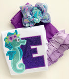 Seahorse bow, Mermaid hairbow, seashell hairbow, purple and aqua Seahorse theme hair bow made with lilly Pulitzer ribbon - Darling Little Bow Shop