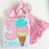 Ice Cream Birthday Shirt or Bodysuit for Girls, ANY AGE 3 scoops Ice Cream Cone birthday shirt in pastel pink and ice mint for any age - Darling Little Bow Shop