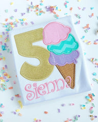 Ice Cream Birthday Shirt or Bodysuit for Girls, ANY AGE 3 scoops Ice Cream Cone