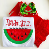Watermelon shirt, tank top or bodysuit for girls -- Watermelon Picnic -- red and green applique with her name - Darling Little Bow Shop