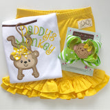 Monkey Bow -- 5" monkey hairbow in green and yellow - Darling Little Bow Shop