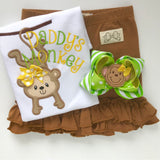 Monkey Bow -- 5" monkey hairbow in green and yellow - Darling Little Bow Shop