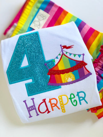 Circus Birthday Shirt or Bodysuit, Carnival Birthday Shirt in rainbow colors for any birthday - Darling Little Bow Shop
