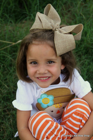 Burlap Bow, burlap-look tan hairbow, 6" bow -- burlap look perfect for Autumn - Darling Little Bow Shop