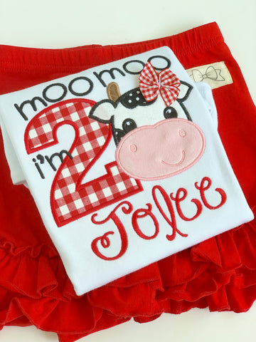 Cow Birthday Shirt or bodysuit for girls, Moo Moo I'm TWO - Darling Little Bow Shop