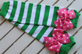Green and White Leg Warmers with hot pink bows -- Hot Pink and Green - Darling Little Bow Shop