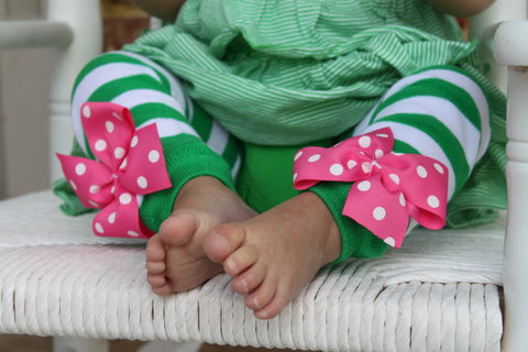Green and White Leg Warmers with hot pink bows -- Hot Pink and Green - Darling Little Bow Shop