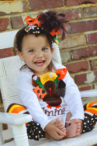 My Little Turkey outfit -- turkey bodysuit, leg warmers and Over The Top bow - Darling Little Bow Shop