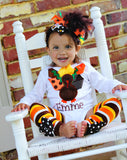 My Little Turkey outfit -- turkey bodysuit, leg warmers and Over The Top bow - Darling Little Bow Shop