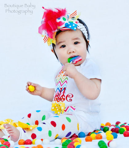 First Birthday Outfit  -- Rainbow Sweetheart -- bow, leg warmers, and personalized bodysuit with chevron - Darling Little Bow Shop