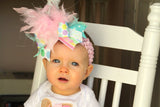 Over The Top Bow - Hippity Hop - beautiful OTT bow with feathers, with our EXCLUSIVE ribbon - pastel aqua, pink, mint and more - Darling Little Bow Shop