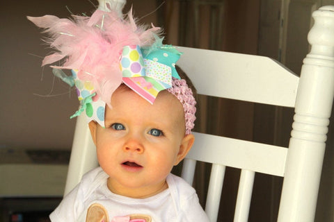 Over The Top Bow - Hippity Hop - beautiful OTT bow with feathers, with our EXCLUSIVE ribbon - pastel aqua, pink, mint and more - Darling Little Bow Shop