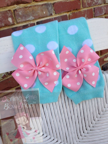 Aqua Polka Dot Leg Warmers, baby girl leg warmers in aqua polka dot with pink bows - Darling Little Bow Shop