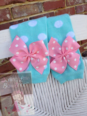Aqua Polka Dot Leg Warmers, baby girl leg warmers in aqua polka dot with pink bows