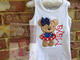 Girls shirt, tank top or bodysuit for 4th of July -- Summertime Sweetie -red, white and blue teddy bear - Darling Little Bow Shop