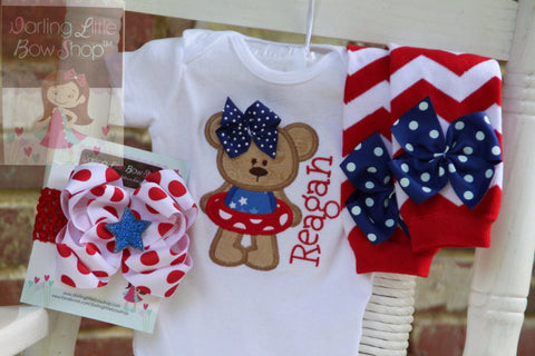 Baby Girl 4th of July Outfit -Summertime Sweetie -red, white, blue- personalized bodysuit, leg warmers, bow with headband - Darling Little Bow Shop