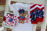 Girls shirt, tank top or bodysuit for 4th of July -- Summertime Sweetie -red, white and blue teddy bear - Darling Little Bow Shop