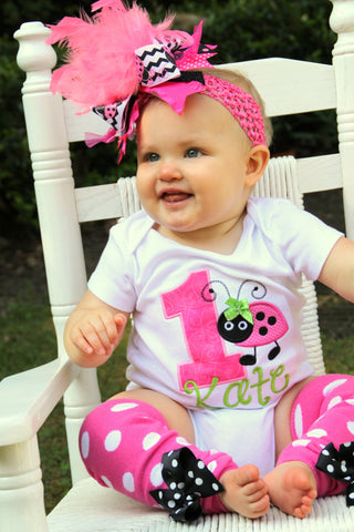 First Birthday Outfit  -- Little Lady - Hot Pink, lime green and black ladybug set - bow, leg warmers and personalized bodysuit - Darling Little Bow Shop