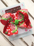 Watermelon bow -- Watermelon Picnic -- Large hairbow with optional headband -- red and green sparkly watermelon-- Darling Little Bow Shop - Darling Little Bow Shop