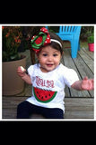 Watermelon shirt, tank top or bodysuit for girls -- Watermelon Picnic -- red and green applique with her name - Darling Little Bow Shop