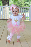 Pink and Gold Birthday Tutu Outfit Royal Princess As Seen in VOGUE bodysuit, leg warmers, tutu, bow in pink and gold - Darling Little Bow Shop