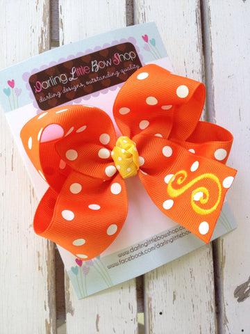 Candy Corn Bow with Headband option -- large Orange and white polka dot bow with yellow initial -- monogrammed bow for Fall - Darling Little Bow Shop