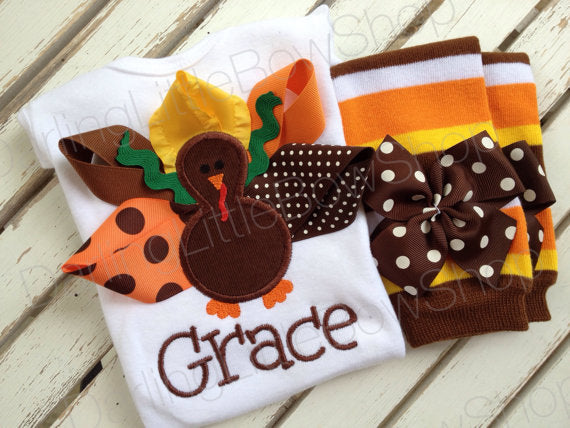 Baby Girl Thanksgiving Outfit -- Pretty Little Turkey -- bodysuit and leg warmers