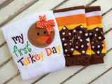 Baby Girl Thanksgiving Outfit with Bodysuit and leg warmers -- My First Turkey Day - Darling Little Bow Shop