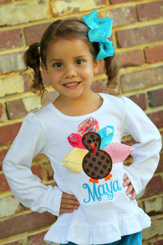 Turkey ruffle shirt for girls - Color Pop Turkey - turquoise, pink, gold and coral - personalized for Thanksgiving - Darling Little Bow Shop