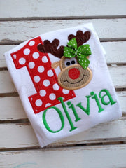 First Birthday bodysuit or shirt for Baby Girls - Reindeer Birthday - red and emerald green for a December birthday