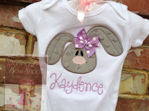 Baby Girl Easter Bodysuit or Shirt for Girls -- 'Bashful Bunny' --  gray and lavender - Darling Little Bow Shop